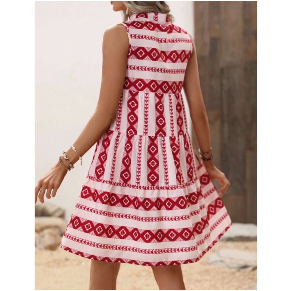 Boho Geo Print Sleeveless Ruffle Dress - Picture 8 of 12